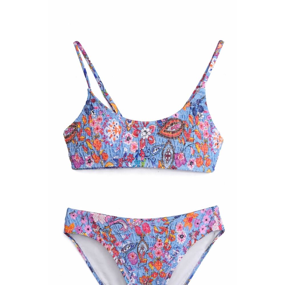 VOLAFA NWOT Floral Smocked Bikini Set Small Blue Textured Retro Y2K Resort 2Pc